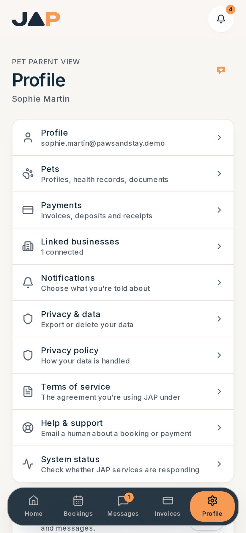 JAP pet app profile and settings screen for a pet parent account.