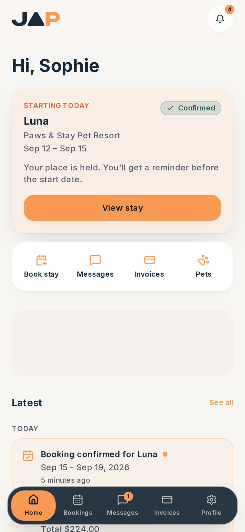 JAP pet app home screen showing Luna's confirmed stay at Paws & Stay Pet Resort and the latest updates.