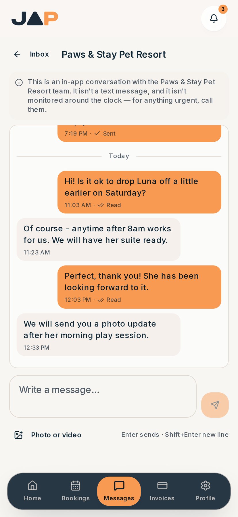 JAP pet app conversation with the Paws & Stay team, with read receipts and a photo attachment button.
