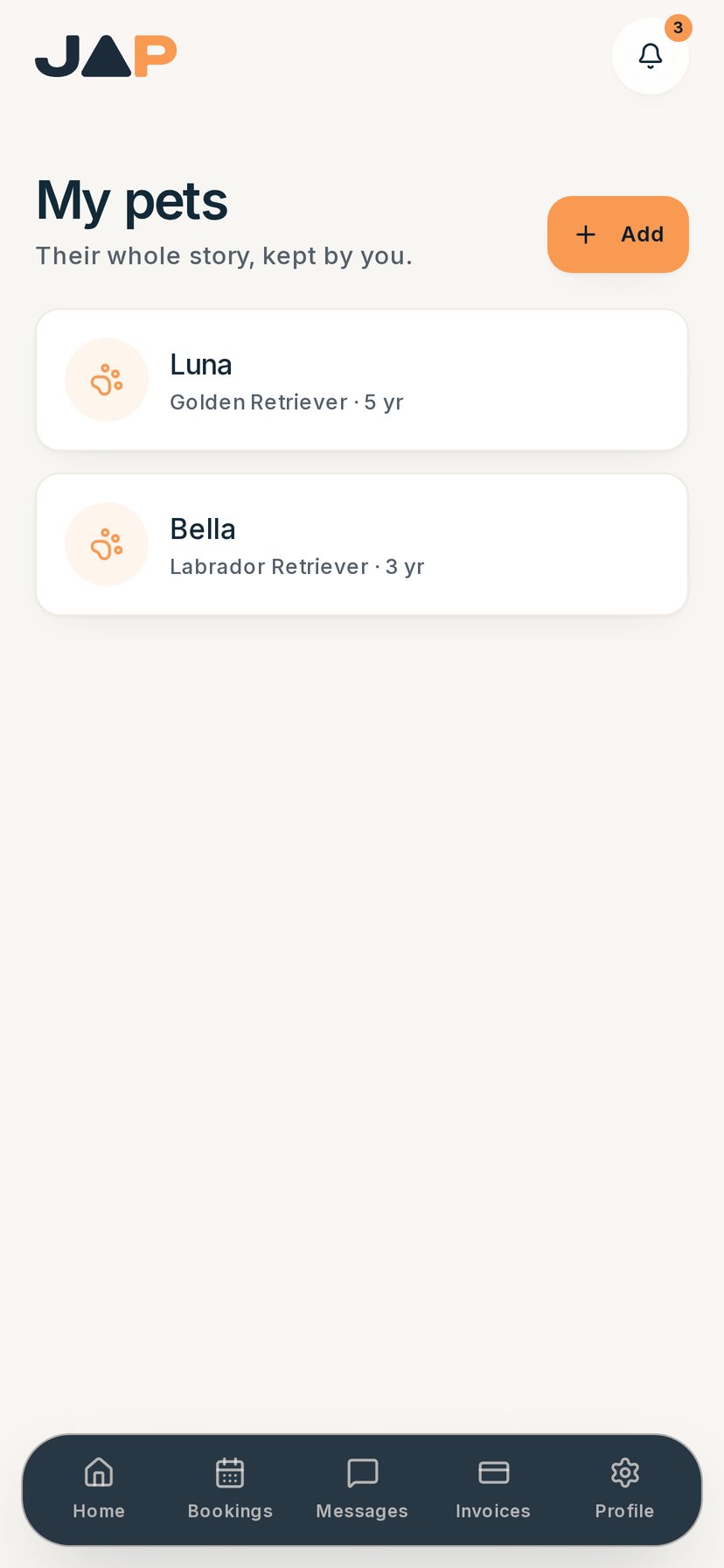 JAP pet app pets screen listing Luna and Bella with their details.