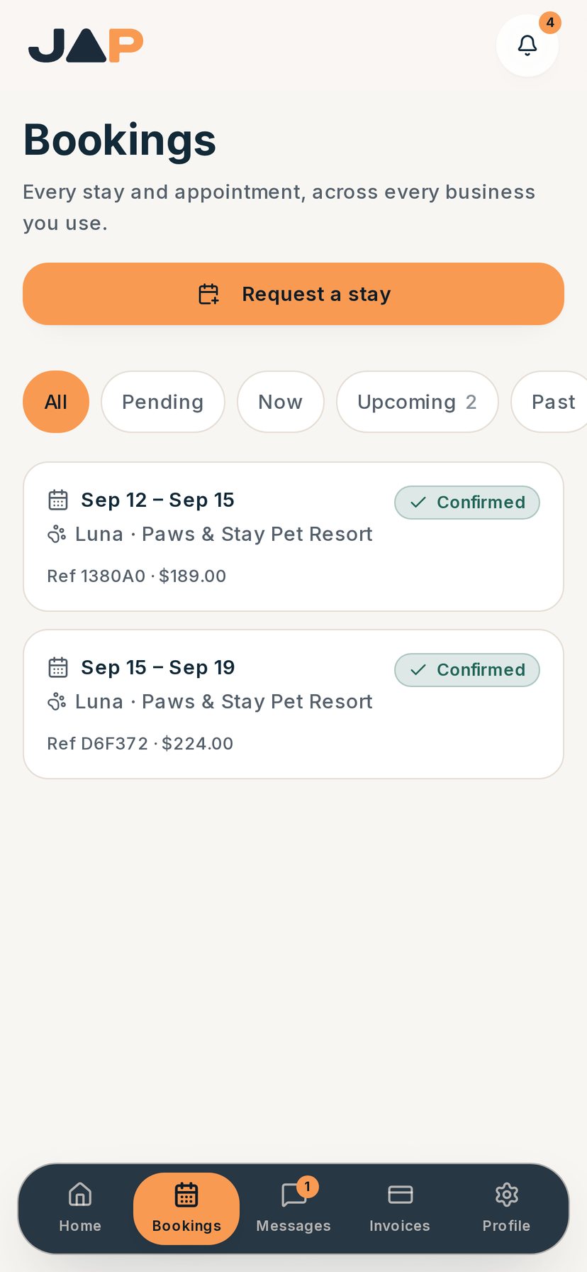 JAP pet app bookings screen listing Luna's stay dates and confirmation status.
