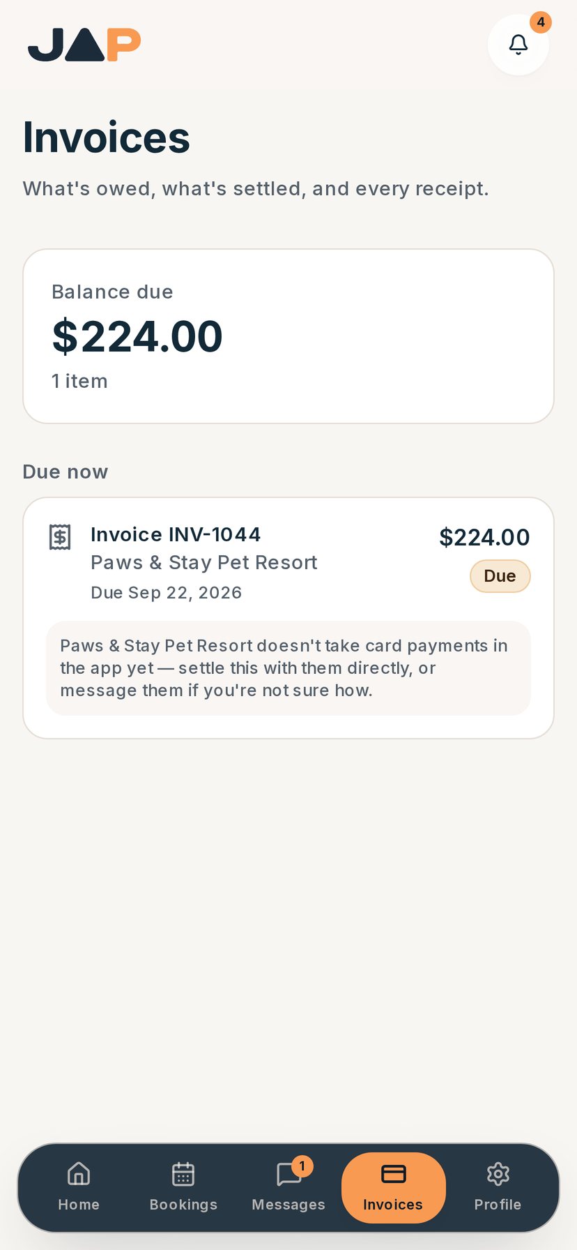 JAP pet app invoices screen showing an outstanding invoice for a boarding stay.