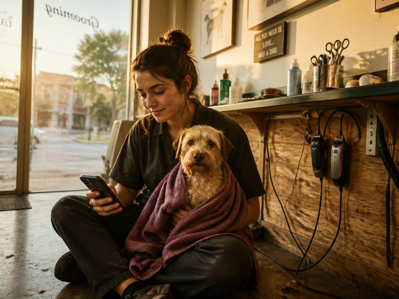 A groomer sitting on the salon floor at the end of the day with a towel-wrapped terrier, checking her phone