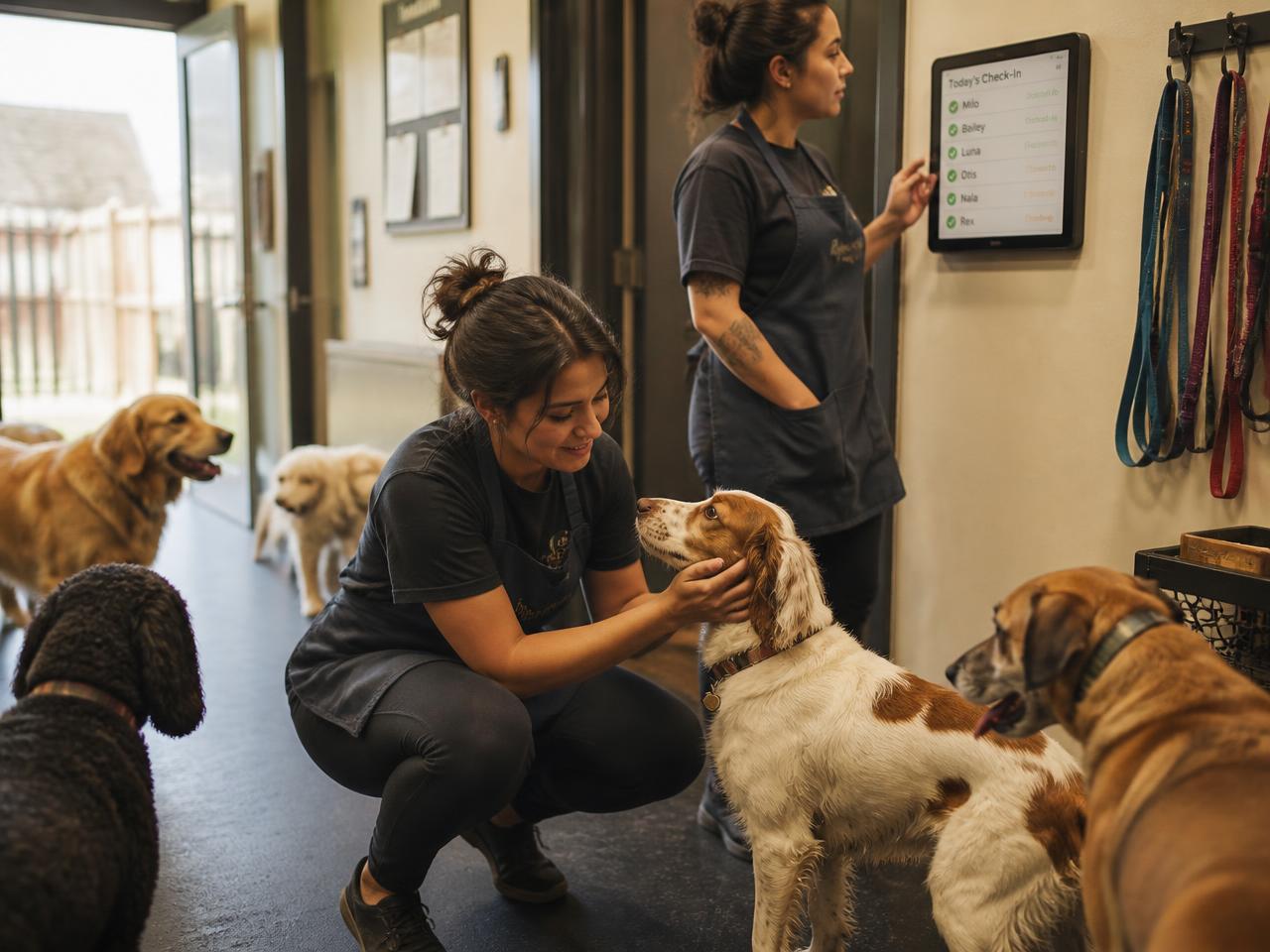 Two daycare staff at work, one greeting a spaniel, one checking the day's check-in list on a wall tablet