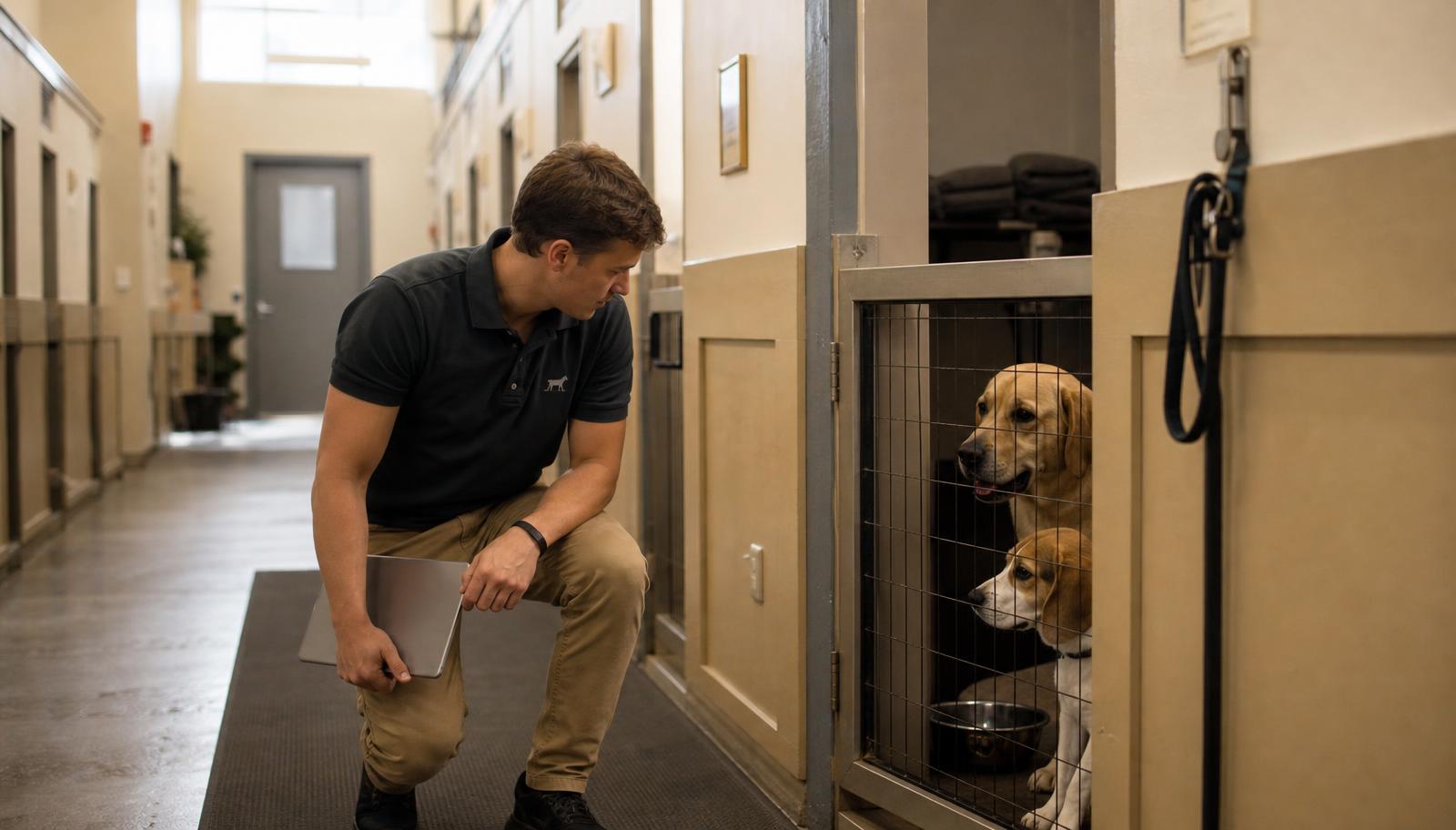A boarding attendant checking on dogs in clean kennel runs