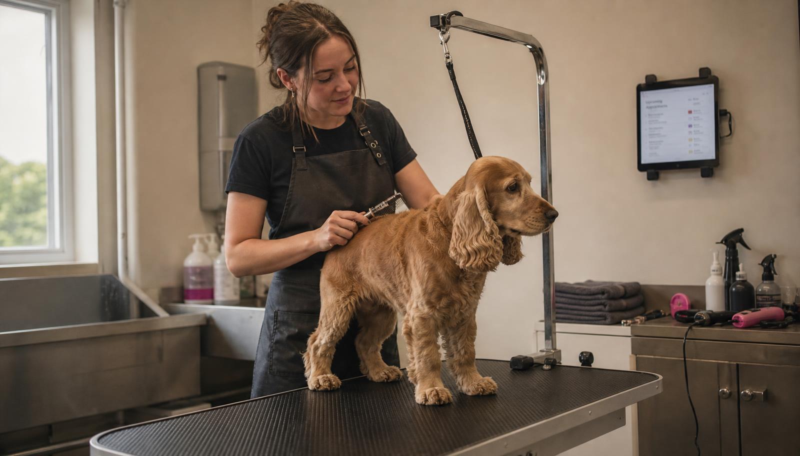 A groomer brushing a golden retriever with a wall-mounted tablet nearby