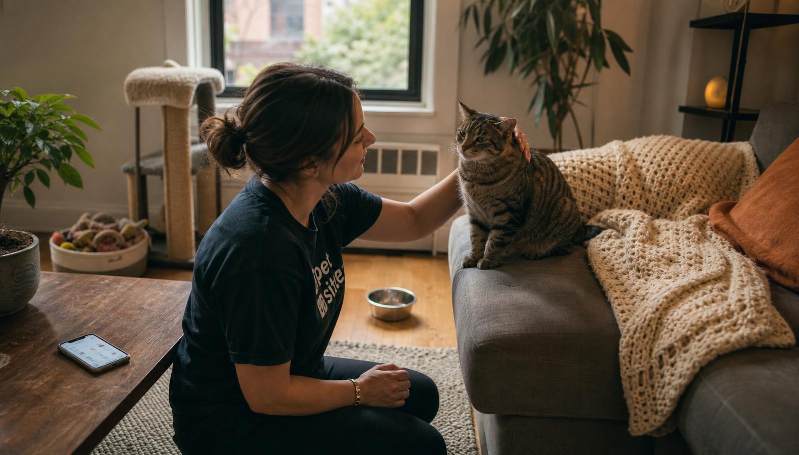 A pet sitter sitting on the floor with a calm cat in a home setting