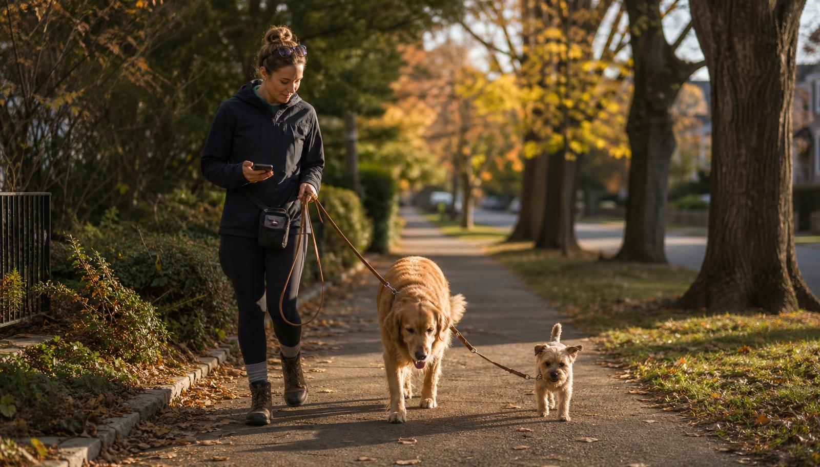 A dog walker crossing a leafy street with two dogs on lead
